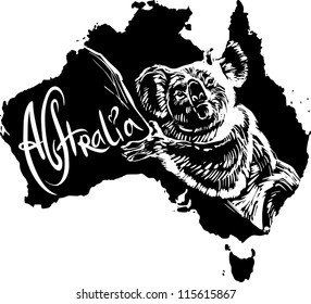 Koala (Phascolarctos cinereus) on map of Australia. Black and white vector illustration.