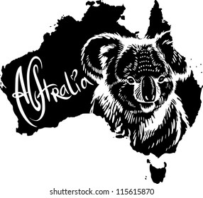 Koala (Phascolarctos cinereus) on map of Australia. Black and white vector illustration.