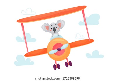 Koala pilot is flying on plane through the clouds. Cute cartoon vector illustration for children on white isolated background.