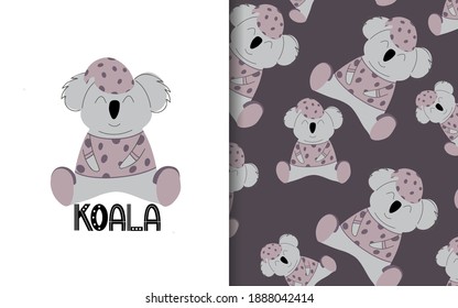 Koala in pink pajamas. Set of vector seamless backgrounds and illustrations. Children's illustrations in cartoon hand-drawn style for printing on clothes, interior design, packaging, printing.