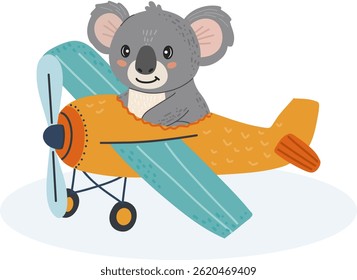 Koala in plane, hand drawn, cartoon style. Suitable for kids illustrations and travel themed designs. White background.