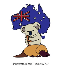 koala and platypus with map of australia in the background vector illustration design