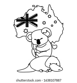 Koala and platypus with map of Australia in the background. vector illustration design.