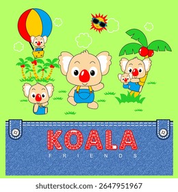 koala playing with friends, Animal Cartoon, Flat Vector Illustration