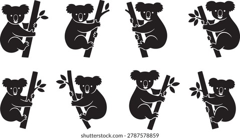 Koala poses, eucalyptus tree branches; Australian marsupial, isolated shapes.