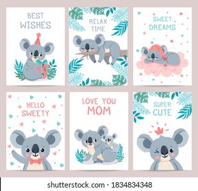 Koala posters cards. Prints with cute sleeping koalas. Australian baby bear hugs mother. Party invitation with jungle animal, vector set. Illustration card invitation party, lazy koala exotic animal