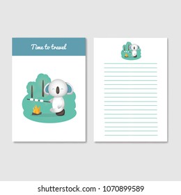 Koala is preparing marshmallows at the stake. Template for the design of a diary, notebook, workbook, postcard, invitation card. Picture of a funny animal. Vector illustration. Cover and page.