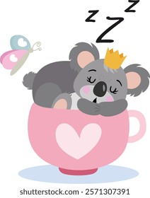 Koala prince sleeping inside a cup