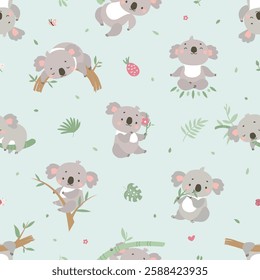 Koala print seamless pattern. Stylish baby backdrop with australian animals. Funny koalas, fabric wallpaper wrapping print, nowaday vector background