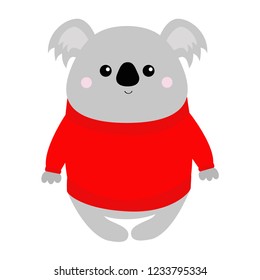 Koala in red ugly sweater. Merry Christmas. Kawaii animal. Cute cartoon bear baby character. Funny face. Happy New Year. Greeting card. Flat design. White background. Isolated. Vector