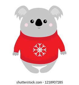 Koala in red ugly sweater with snowflake. Merry Christmas. Kawaii animal. Cute cartoon bear baby character. Funny face. Happy New Year. Greeting card. Flat design. White background. Isolated. Vector