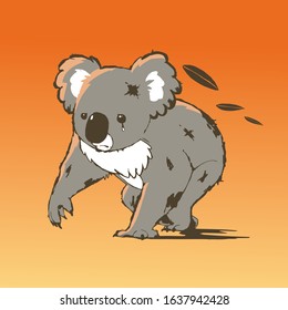 Koala running away while crying. The background color is an image of a fire. Vector illustration.