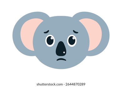 Koala com Sad Emotion. Marsupial cinza animal com melancolia. Cabeça de urso australiano. Personalidade da vida selvagem. Desenho para ícones, adesivos, emojis, livros infantis. Isolado. Design plano. Ilustração vetorial