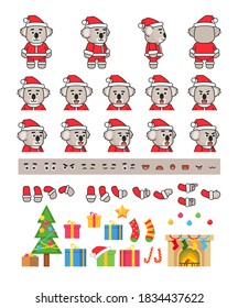 Koala in Santa Claus outift creation set, various Christmas design elements. Vector illustration bundle