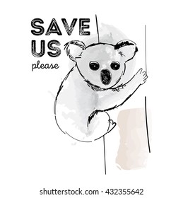 Koala Save us drawing, animal protection poster strokes