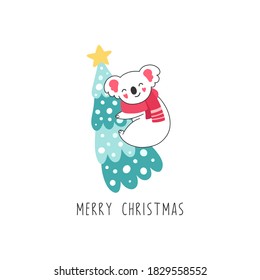 Koala In A Scarf, Christmas Tree, Winter. Isolated Vector Illustration For Children.