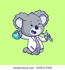 Koala Scientist Holding Lab Bottles - Cartoon Vector Icon Illustration. Animal Science. Flat Cartoon Style. Suitable for any creative project.