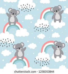 Koala Seamless Pattern Background, Happy cute koala flying in the sky between clouds and star, Cartoon Koala Bears Vector illustration for kids forest background with rain dots