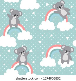 Koala Seamless Pattern Background, Happy cute koala flying in the sky between clouds and star, Cartoon Koala Bears Vector illustration for kids forest background with rain dots