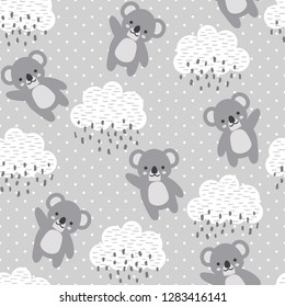 Koala Seamless Pattern Background, Happy cute koala flying in the sky between clouds and star, Cartoon Koala Bears Vector illustration for kids forest background with rain dots