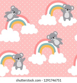 Koala Seamless Pattern Background, Happy cute koala flying in the sky between clouds and star, Cartoon Koala Bears Vector illustration for kids forest background with rain dots