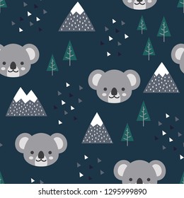 Koala Seamless-Muster-Hintergrund, skandinavischer Happy cute koala im Wald zwischen Bergbaum und Wolke, Cartoon koala trägt Vektorillustration-Illustration für Kinder nordischer Hintergrund mit Dreieckstpunkten