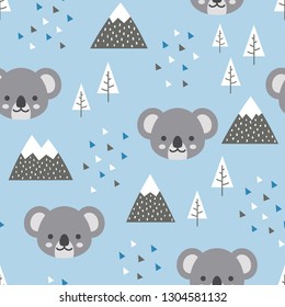 Koala Seamless Pattern Background, Scandinavian Happy cute koala in the forest between mountain tree and cloud. cartoon koala bears vector illustration for kids nordic background with triangle dots