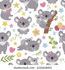 Koala seamless pattern. Cartoon australian koalas girly fabric print. Adorable baby animals characters, cute bears childish neoteric vector wallpaper