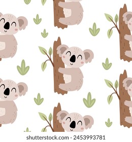 Koala seamless pattern in cartoon flat style. Jungle digital paper. Jungle animal pattern. Safari paper. Hand drawn vector pattern