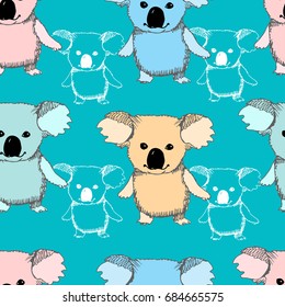 Koala. Seamless pattern. Funny doodle logo with koala. Vector pattern on blue background.. Textile, wrapping paper and baby design.