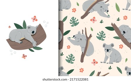 Koala seamless pattern. Repeating image for bedding or printing on children clothing. Exotic animal on tree branch, wildlife, fauna and nature. Cute mascot or toy. Cartoon flat vector illustration