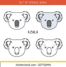 Koala Set of isolated heads of bear in color, lines.  Templates  Hipster style. Animation Elements for labels and advertising production. Print for the press