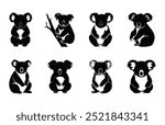 Koala Silhouette Clipart Bundle, Black Koala Vector Silhouette Set