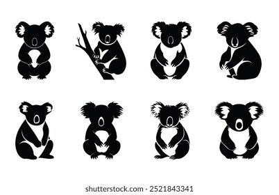 Koala Silhouette Clipart Bundle, Conjunto de Silhuetas de Vetor Koala Preto