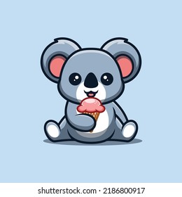 Koala Sitting Eating Ice Cream Cute Creative Kawaii Cartoon Mascot Logo