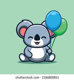Koala Sitting Hold Balloon Cute Creative Kawaii Cartoon Mascot Logo