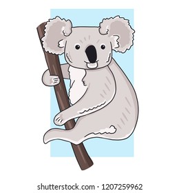 Koala sitting on branch on blue background. Illustration of koala bear in color.