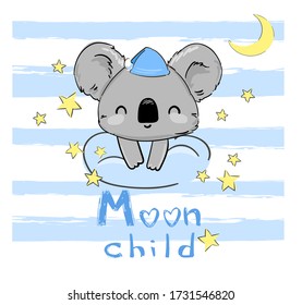 Сute Koala sitting on a cloud and stars. Vector illustration. Print for home clothes, pajamas, a nightdress, textiles. Childish design.