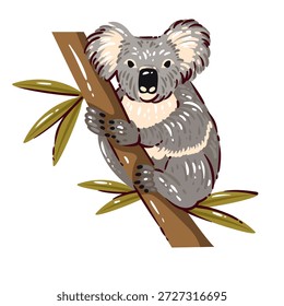 Koala sitting on tree branch with eucalyptus leaves, wildlife animal character, Australian nature symbol, travel and fauna concept, soft shapes and details. Cartoon vector illustration.