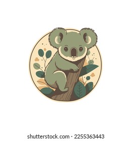 koala sitting on a tree logo design mascot flat color catoon Vector illustration isolated background