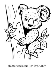 Koala sitzt auf einem Baum. Vektorillustration auf weißem Hintergrund.