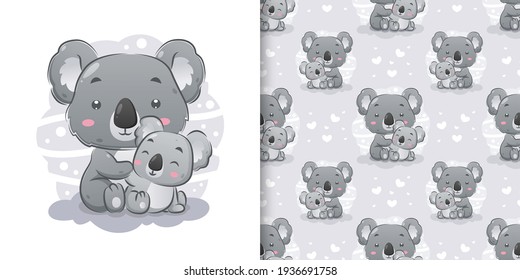 The koala sitting and posing near the baby koala in the pattern set of illustration