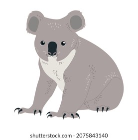 Koala sitting and smiling. Animal, zoo, image for printing on childrens clothing. Sticker, poster, icon. Nature, wildlife, forest. Cartoon flat vector illustration isolated on white background