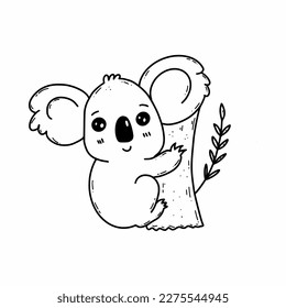 Koala está sentado en un árbol. Animales de Australia. Ilustración del doodle vectorial. Esbozo.