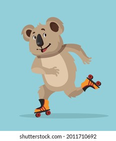 Koala skating on roller. Funny animal in cartoon style.