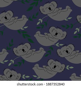 Koala sleeping on its back in twigs. seamless pattern. Decorative wallpaper for the nursery in the Scandinavian style. Vector. Suitable for children's clothing, interior design, packaging, printing
