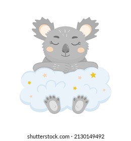 Koala sleeping on the cloud with stars. Vector illustration of cute koala for kids.