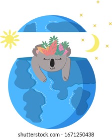 Koala sleeping in the planet. Eco poster in the concept of conservation of wildlife. Vector illustration. Koala is the guardian of the planet and nature. Printing on posters, magazines, and books.