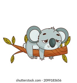 Koala Sleeps On A Tree Branch. Goodnight. Postcard In Children's Cartoon Style. Vector Illustration For Designs, Prints And Patterns.