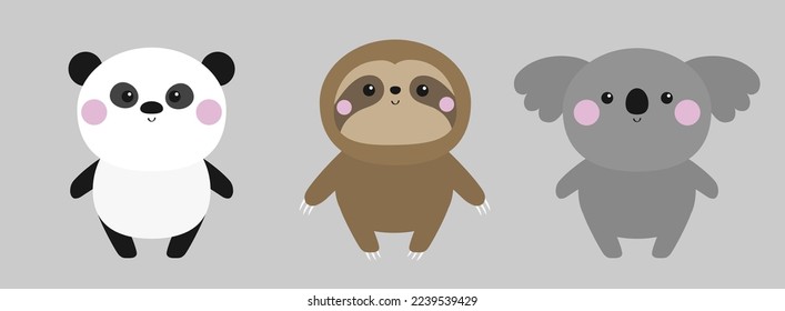 Koala sloth panda bear set icon. Cute kawaii cartoon baby character. Pink cheek. Happy Valentines Day. Greeting card template. Notebook cover, tshirt print. Gray background. Flat design. Vector